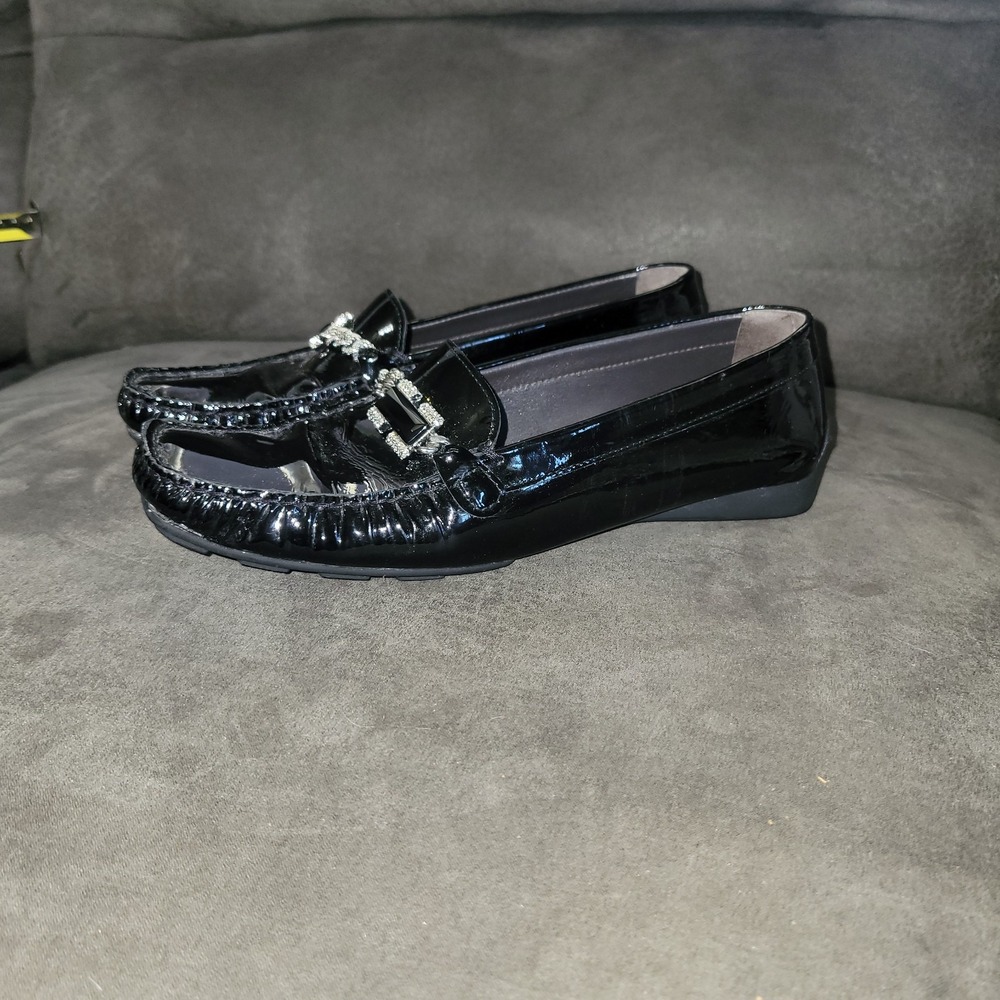 Stuart Weitzman Black Patent Leather Loafers Silver Buckle Moccasins 8M